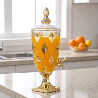 Glass Juice Dispenser with Ornate Gold Lid, 2L Water Dispenser and Beverage Dispenser with Tap Handle, Elegant Lemonade Dispenser for Home Use