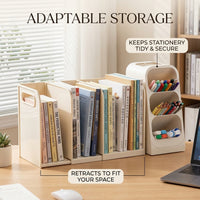 Desktop Organizer with Pen Holder, Expandable Book Stand for Office Desk, Adjustable Bookends with Storage Compartments, Cream White