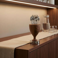 Wood-Grain Finish Goblet-Shaped Utensil Holder Set Silver-Toned Metal Accents Decorative Utensil Holder Set Lidded Silverware Utensil Holder Slotted