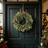 Christmas Wreath with Red Berries, Pine Cones, and Pine Needles
