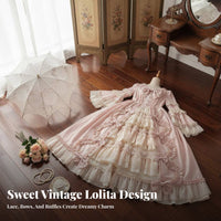 Doll-Like Princess Dress Voluminous Skirt Multi-Layered Lace Patchwork Dress Ribbon Feature Cosplay Formal Gown Vintage Inspired
