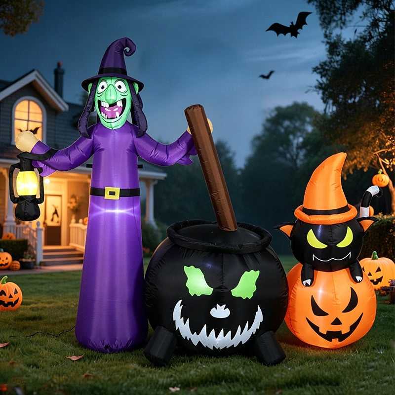 1.8m Halloween Inflatable Decoration Witch Magic Pot Black Cat Pumpkin Air Model with LED Light for Outdoor Yard Lawn