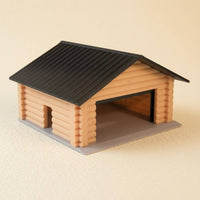 Gabled Roof Parking Garage Model Beige Log-Style Walls Miniature Parking Garage Open-Front