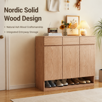 Nordic Wood Shoe Storage Cabinet, Ash Wood Finish Hallway Storage Unit, 35cm Deep Shoe Cupboard for Small Flats