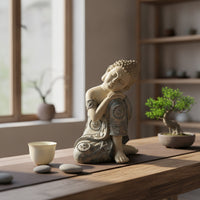 Zen Sleeping Buddha Figurine Garden Seated Buddha Ornament Relief Sculpture Carved for Tea Room