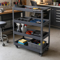 Steel Tool Cart with Drawers, Lockable Workshop Tool Trolley, Painted Finish Rolling Cabinet with Pegboard, Top Handle & Casters