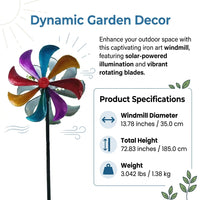 Wind Spinner for Outdoor Garden, Solar Powered Colorful Metal Windmill, 185cm Tall Balcony Decor, Large Ornament for Gardeners