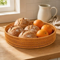 Exposed-topTop Round Rattan Tray Shallow Rattan Basket Low Rim Round Tray Basket Brown Finish