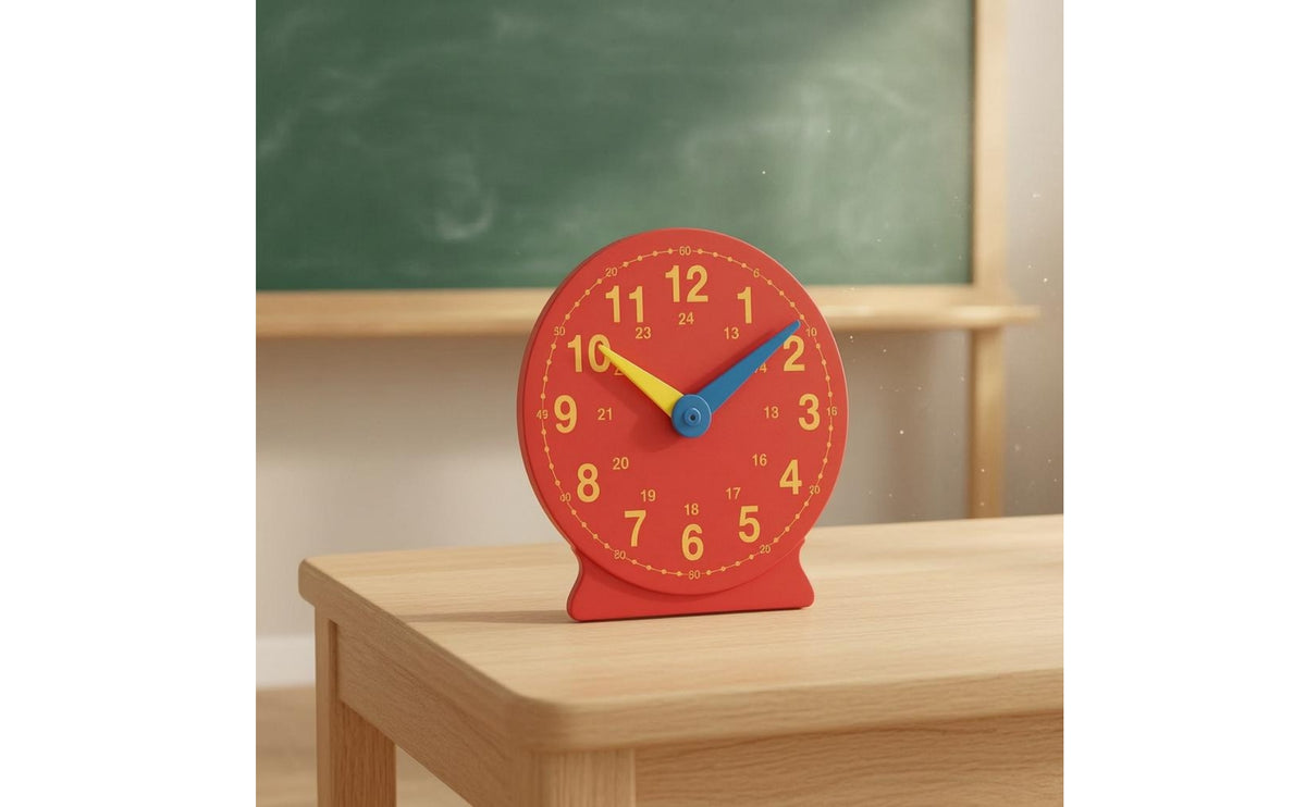 Teaching Clock Red Face Analog with Yellow Numbers for Teachers, Children, Homeschool