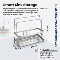 Sink Organizer and 304 Stainless Steel Dishcloth Holder for Kitchen Organization, Rectangular Dish Towel Rack with Narrow Design for Small Areas