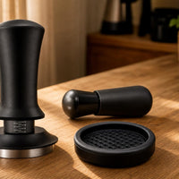 Flat Base Espresso Tamper with Mat Non-Slip Espresso Tamping Mat Silicone Coffee Tamper Pad Polished for Baristas