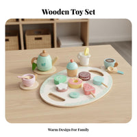 Imaginative Role Play Afternoon Tea Playset Solid Wood Wooden Tea Party Set Educational Wooden Cake Toy Set Realistic Design for Preschoolers, Toddlers, Kindergarten, Playhouse, Playroom