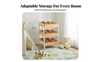 Movable with 360-Degree Wheels 3-Tier Rolling Bin Shelf Rounded Corners Toy Organizer Child-Safe Design Storage Rack Large Capacity for Toddlers, Parents, Playroom, Nursery, Kindergarten, Living Room