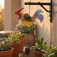 Iron and Glass Colorful Rooster-Shaped Wind Chime Hand-Painted Metal Rooster-Shaped Chime Multicolor Bell Ornament Flower Accent