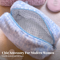 Handmade Leopard Print Makeup Bag Soft Furry Texture Puffy Makeup Bag Large Capacity for Women, Travelers