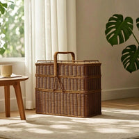 Three-Tier Picnic Basket Handwoven Rectangular Wicker Hamper Wicker Picnic Basket Lidded Handmade for Caterers, Picnics