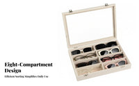 Divided Compartments 8 Slot Eyeglasses Box Metal Latch Glass Lid Glasses Box Rectangular Tray Velvet Lined Eyeglasses Case Slim Profile