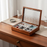 Wooden Jewelry Box Sturdy Wood Construction Glass Lid Jewelry Organizer Finger Adornment and Earring Storage Box Soft Textile