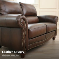 Top-Grain Leather Brown Three-Seater Sofa Retro USA Retro aesthetic 3-Seater Settee Upholstered Couch Comfortable for Apartment Dwellers, Homeowners, Interior Design aficionados, Lounge Area, Den, perusing Corner, Home Office