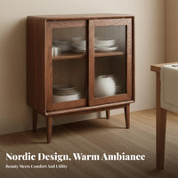 Solid Oak Sideboard with Hutch Multi-Functional Nordic Design Dining Room Hutch Multifunctional Sideboard with Drawers and Doors for Families, Hallway