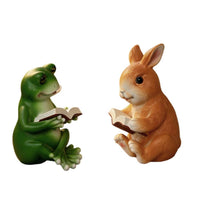 2 Pieces Two-Piece Frog and Rabbit Reading Figurines Ajar Book Frog Figurine Sitting Rabbit Figurine Indoor Outdoor for Living Room Shelf, Table, Balcony