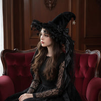 Witch Hat with Lace Trim Handmade Witch Hat with Ribbon Tails Ruffled Costume Headpiece for Cosplayers, Witches, Halloween, Cosplay, Photo Shoots