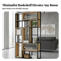Metal and Wood Bookcase Thickened Steel Frame Room Divider Shelving Unit Sturdy Construction Multi-Tier Shelf Unit for Office