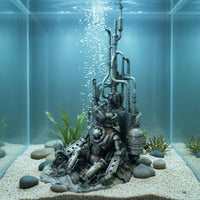 Weathered Finish Robot Aquarium Ornament Bronze and Gray Tones Industrial Aquarium Decoration Tall Vertical Structure Resin Aquatic Aquarium Ornament Detailed Sculpted Surface