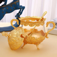 Moisture-Proof Ornate Gold Sugar Bowl Multifunctional Ornate Lidded Seasoning Jar Embossed Metalwork Vintage Glass Sugar Bowl Easy to Clean for Housewarming Gift, Dining Table, Wedding, Coffee Bar