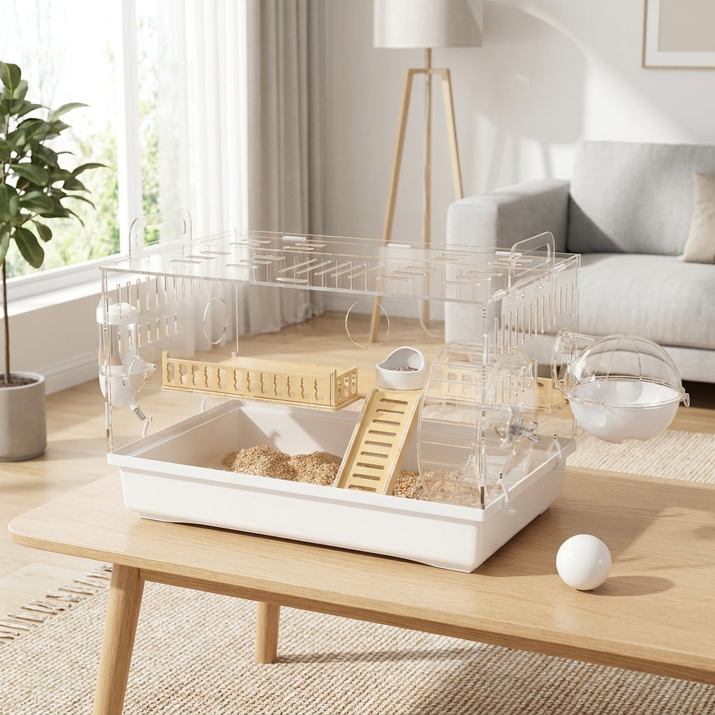 Large Hamster Cage Syrian Hamster Cage Acrylic Hamster Cage Villa, Wood and Acrylic Luxury Hamster Cage with Deep Bedding Base and Accessories