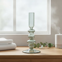 Turned Stem Blown Glass Candle Holder Cylindrical Top Glass Taper Candle Holder Wide Base