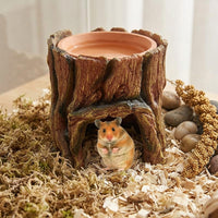 Tree Stump Cave Snake Hide for Axolotl Aquarium Accessories, Resin Reptile Tree with Ceramic Water Dish, Realistic Brown Habitat Decor