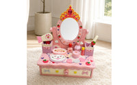Pretend Dress-up Station Box Pink-Themed Play Makeup Vanity with Drawer Tabletop for Playroom