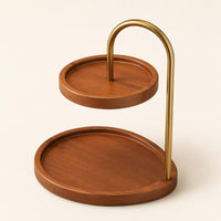 Wood-Grain 2 Tier Storage Rack Gold-Toned Two-Tier Storage Rack Curved Metal Tabletop Display Stand Raised Rim for Dresser, Entryway