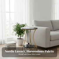 Nordic Aesthetic Round Tiered End Table Marble Pattern Top Tiered Circular Stand Light Luxury Design Household Furniture Single or Double Tier for Homeowners, Apartment Dwellers, Decor Enthusiasts, Living Room, Bedroom, Balcony, Small Areas