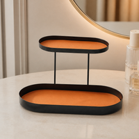 Black Metal Two Tier Tray, Oval Storage Tray with Leather Trim, 20x15.5x17cm Console Table Display Stand