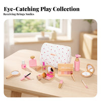 Kids Makeup Bag Set Pink and Tones Wooden Pretend Makeup Kit Smooth Edges Play Cosmetics Kit