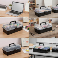Three-Layer Foldable Storage Box with Clear Lid Portable Craft Organizer Box Sturdy Organizer with Trays Rectangular for Classroom