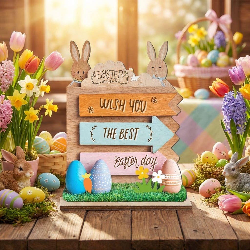 Easter Bunny Centerpiece Easter Table Decoration Festive Atmosphere Spring Tabletop Sign for Kids, Homeowners, Indoor, Desktop, Mantel Table Decor