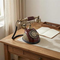 Burgundy-Red Vintage Rotary Telephone Gold-Tone Accents Decorative Tabletop Telephone Ornate Old Fashioned Corded Phone Coiled Cord