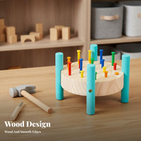 Hand-Eye Coordination Round Pounding Peg Bench Color Recognition Wooden Hammer and Peg Toy Fine Movement Skills Development for Preschoolers