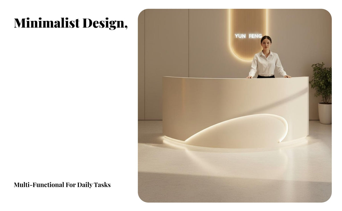 Modern Curved-Shaped Front Desk High-Gloss Coating Finish Curved Reception Desk Lockable Drawer Illuminated Reception Counter for Hotel Lobby, Spa