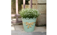 Tapered Metal Planter Pot Cottagecore Planter with Lace Rim Outdoor Pot with Bow Ornament Long-Lasting for Balcony, Patio, Garden