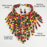 Statement Multi-Strand Wood Bead Necklace and Earrings Set for Women, Boho Layered Chunky Ethnic Jewellery Gifts, Commute