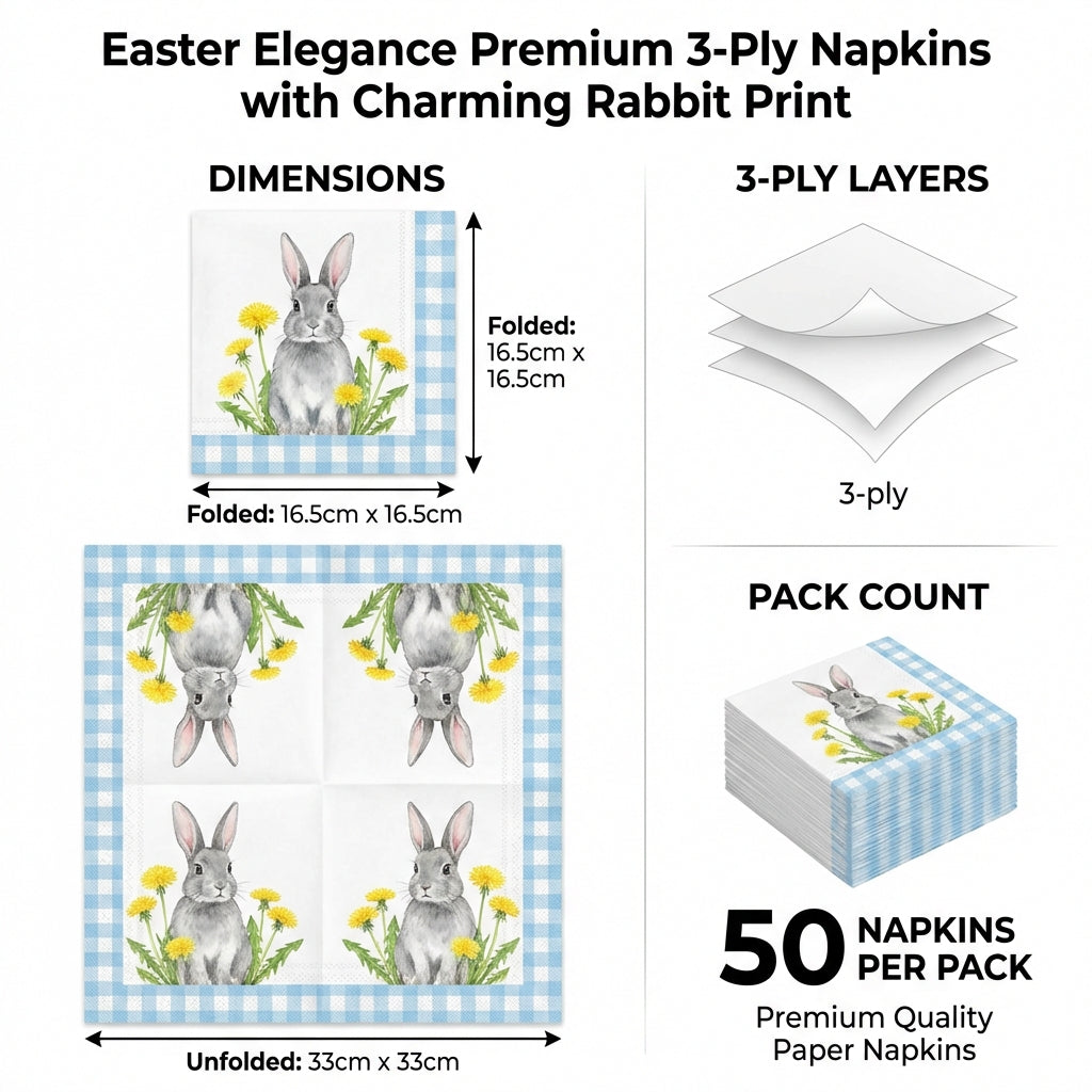 50 Pieces Easter Paper Napkins, 3-Ply Easter Bunny Napkins, Easter Gift, Easter Decoration, Tableware Napkins