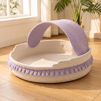 Semi-Enclosed Cotton Rope Cat Bed Handwoven Cat Bed with Canopy Handmade Cozy for Indoor Cats, Kittens, Living Room, Sunny Corner