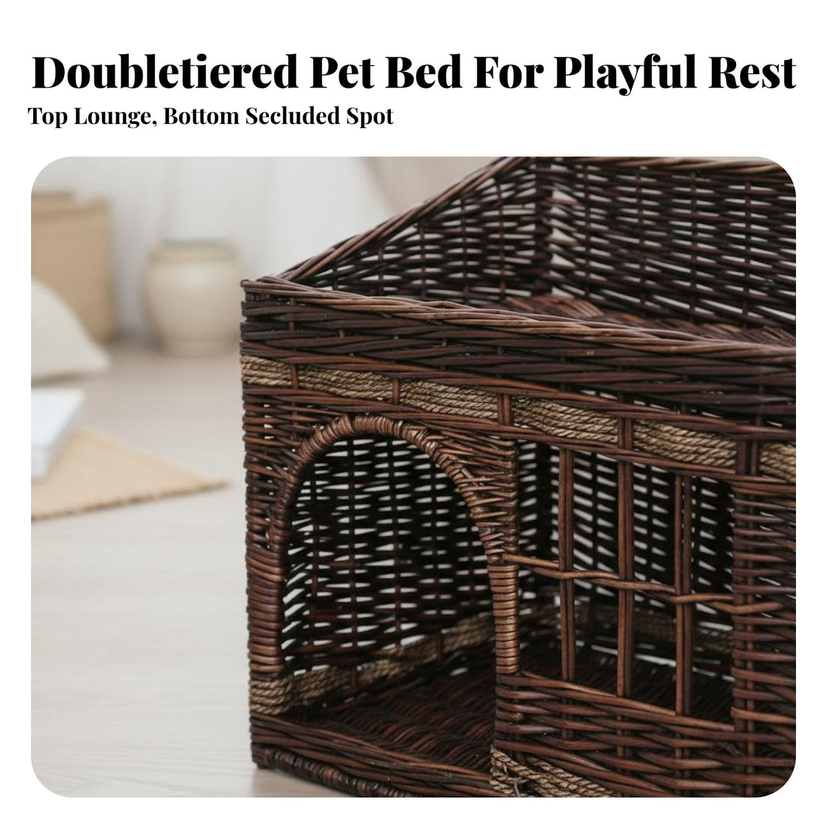 All-Season Use Wicker Cat House Handwoven Enclosed Cat Bed Includes Cushion and Mat Rattan Pet Kennel Breathable for Cats, Kittens, Small Pets, Indoors, Indoor, Living Room, Bedroom