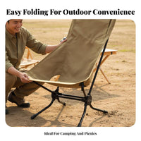 Foldable High-Back Camping Chair Aluminum Alloy Frame Folding Moon Chair Heavy Duty 150kg Load Capacity Portable Camp Seat Integrated Pillow Pocket for Picnickers, Fishermen, Outdoors, Picnic, Backyard, Fishing