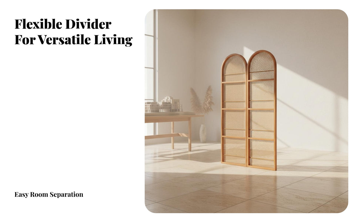 Foldable Design Arched Rattan Screen with Shelves French Design Folding Screen with Shelves Movable Room Divider Freestanding for Apartment Dwellers, Homeowners, Telecommuting Workers, Bedroom, Home Office, Dining Area