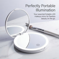 Compact Travel Makeup Rechargeable, Foldable LED Lighted Magnifying Mirror 2X Magnification Festival Essentials for Women, USB Charging Handheld